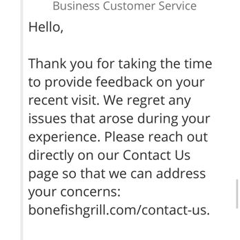 Bonefish Grill - Bonefish generic response to a complaint- stay away from this location. - Seafood Near Me - Miami, Florida