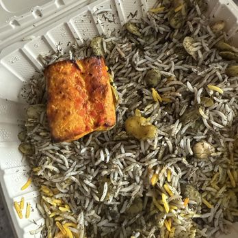 Alborz Persian Restaurant - Fish Kabob- comes with 3 pieces of salmon and a lot of dill rice - Persian/Iranian Near Me - Vienna, Virginia