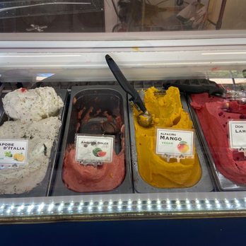 Cafe Dolce - Gelato flavors from left to right: lemon, watermelon, mango, raspberry - Coffee & Tea Near Me - Solvang, California Cafe Dolce - Gelato flavors from left to right: lemon, watermelon, mango, raspberry - Coffee & Tea Near Me - Solvang, California