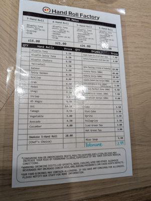 Menu photo 2 Hand Roll Factory West Covina, CA
