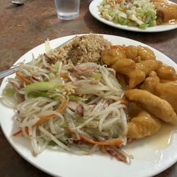 Sweet n sour chicken, chow mein and fried rice. Lunch combo 2.