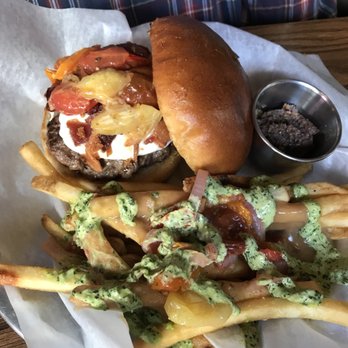 The Map Room - Double with bacon, goat cheese, roasted tomatoes, and Cusco fries. - American Near Me - Cedar Rapids, Iowa The Map Room - Double with bacon, goat cheese, roasted tomatoes, and Cusco fries. - American Near Me - Cedar Rapids, Iowa
