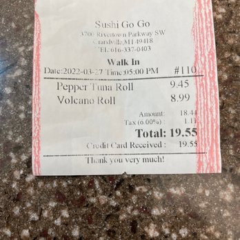 Sushi GoGo - Receipt - Sushi Bars Near Me - Grandville, Michigan