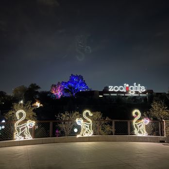 Zoolights - Night scene at ZooLights featuring illuminated animal-shaped light displays along a fence and a lit sign reading 'zoolights' on a building. - Zoos Near Me - Phoenix, Arizona