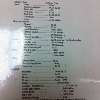 Autumn Stitch - price list as of 2/07/12 - Sewing & Alterations Near Me - Frisco, Texas