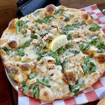 The Parlor - "Florentine" (white pie, lemon cream sauce, spinach, garlic, chicken, mozzarella) - Pizza Near Me - Stratford, Connecticut