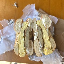 Garlic bagel with turkey sausage egg and cream cheese