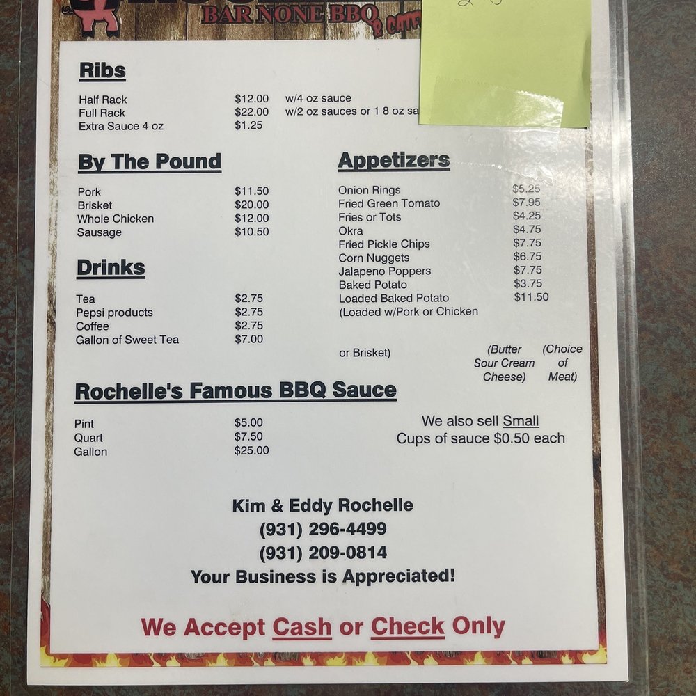 Rochelle's Bar None BBQ - Current menu as of 14 January 2023 - Barbeque Near Me - Hurricane Mills, Tennessee Rochelle's Bar None BBQ - Current menu as of 14 January 2023 - Barbeque Near Me - Hurricane Mills, Tennessee