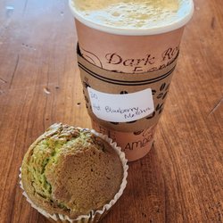 Crosslake Coffee - Pistachio walnut muffin & very rich, complex, 20 oz, $6 blueberry matcha latte.