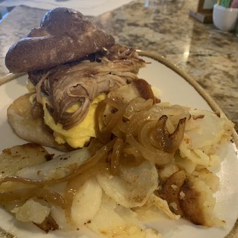 Hershey Pantry - Pulled pork egg and cheese sandwich on a pretzel bun . Loaded with pulled pork - Breakfast & Brunch Near Me - Hershey, Pennsylvania