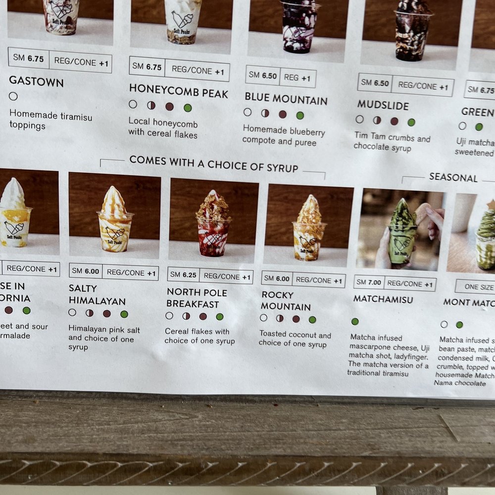 Soft Peaks - Menu - IG @bougiefoodieboi - Ice Cream & Frozen Yogurt Near Me - Vancouver, British Columbia Soft Peaks - Menu - IG @bougiefoodieboi - Ice Cream & Frozen Yogurt Near Me - Vancouver, British Columbia