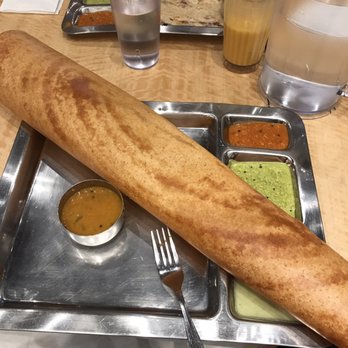 Saravana Bhavan - Sada (plain) dosa, with sambar, tomato chutney, coconut chutney and green chutney - Indian Near Me - Edison, New Jersey