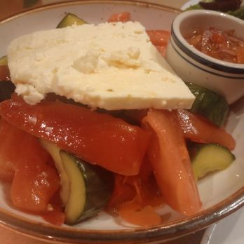 Philosophia - Greek Salad - marinated tomatoes, cucumber (onions) & a giant slice of fresh feta cheese - Greek Near Me - Mount Pleasant, South Carolina