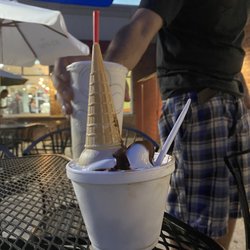 Double Twister Ice Cream Shop - Chocolate dipped Vanilla soft serve on cone and cup