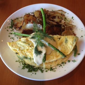 Plums Cafe - Dungeness Crab and Asparagus Omelet - Breakfast & Brunch Near Me - Costa Mesa, California