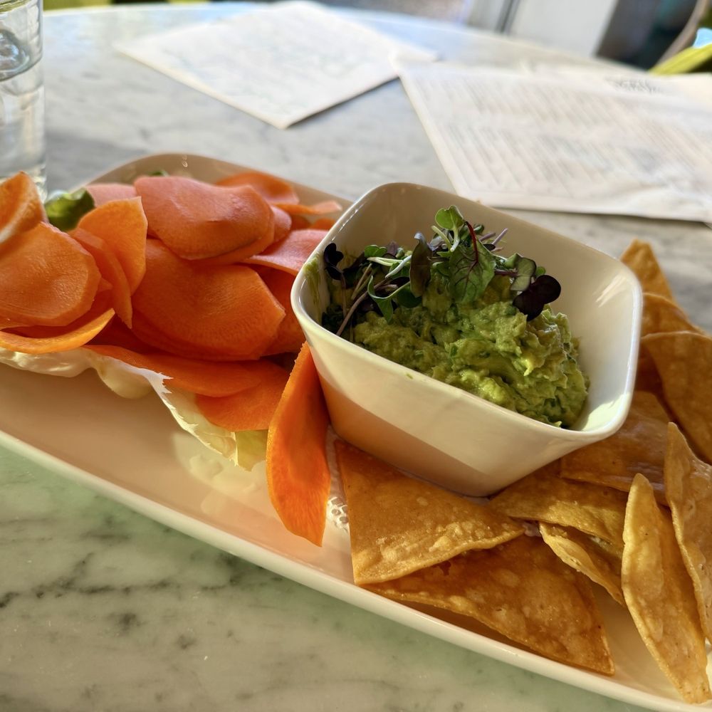 Guacamole with tortilla chips and carrot chips