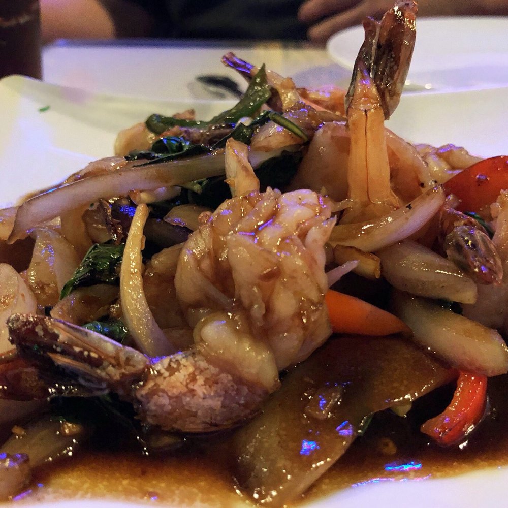 Thaiphoon - Prawns w/ basil | $14.50 (Good flavor, tender prawns.) - Thai Near Me - Palo Alto, California Thaiphoon - Prawns w/ basil | $14.50 (Good flavor, tender prawns.) - Thai Near Me - Palo Alto, California