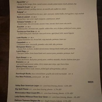 Pretty Penny - Menu (Jan 2026) - The menu from Pretty Penny in Phoenix features dishes like aguachile, hamachi crudo, and octopus tostada, along with a selection of beers. - Cocktail Bars Near Me - Phoenix, Arizona