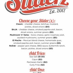Sliderz - Our menu! All sliderz come with your choice of sea salt, cajun, parmesan garlic, or curly fries!