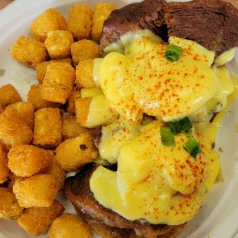 Button Up Cafe - 3. Korean Braised Short Rib Eggs Benny. With crispy tots. - Breakfast & Brunch Near Me - Pearl City, Hawaii Button Up Cafe - 3. Korean Braised Short Rib Eggs Benny. With crispy tots. - Breakfast & Brunch Near Me - Pearl City, Hawaii