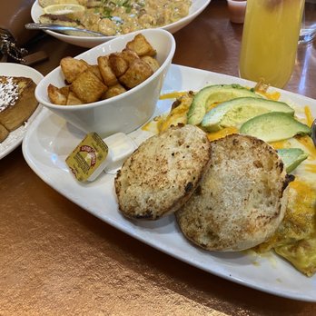 Another Broken Egg Cafe - Hey lucky omelette with potatoes an English muffin and a side of French toast - Breakfast & Brunch Near Me - Houston, Texas Another Broken Egg Cafe - Hey lucky omelette with potatoes an English muffin and a side of French toast - Breakfast & Brunch Near Me - Houston, Texas