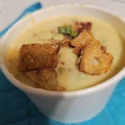 Potato leek soup with homemade croutons