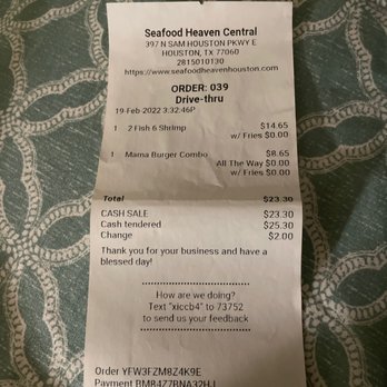 Seafood Heaven - Receipt - Seafood Near Me - Houston, Texas Seafood Heaven - Receipt - Seafood Near Me - Houston, Texas