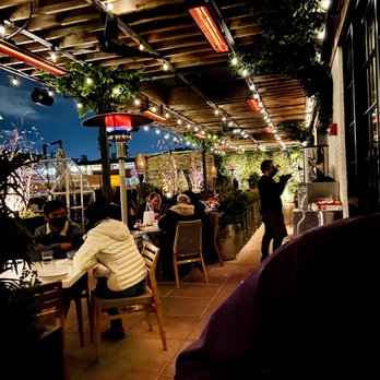 Aba - View from our high-top table. You can see there are ample heat lamps hung from the pergola. - Mediterranean Near Me - Chicago, Illinois