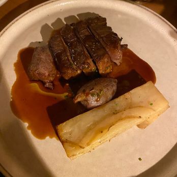Arume - Marinated Iberian Presa Fillet with Galician Potato Millefeuille and Bacon (€21,50) - Mediterranean Near Me - Barcelona, B