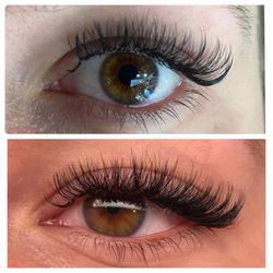 London Brows & Lashes - Kim's $300 volume job up top and another lash techs job filling in the lashes missed to create an actual full volume job.