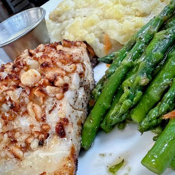 Lighthouse - Mac crusted sea bass with mashed potatoes and asparagus. Fantastic! - Breakfast & Brunch Near Me - Newport Beach, California Lighthouse - Mac crusted sea bass with mashed potatoes and asparagus. Fantastic! - Breakfast & Brunch Near Me - Newport Beach, California