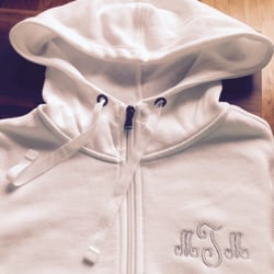 Monogrammit - Monogrammed a white hoodie sweater for my sister to wear getting ready on her wedding day. So happy with how it turned out!  :)
