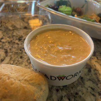 Saladworks - Lobster bisque and the fabulous roll (I love carbs!) - Vegetarian Near Me - Wyomissing, Pennsylvania Saladworks - Lobster bisque and the fabulous roll (I love carbs!) - Vegetarian Near Me - Wyomissing, Pennsylvania