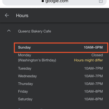 Queenz Bakery Cafe - Screenshot on Sun, 12/20: The hours on Google claim the bakery opens at 10am on Sundays although the shutters weren't lifted until 10:36am. - Bakeries Near Me - New York, New York