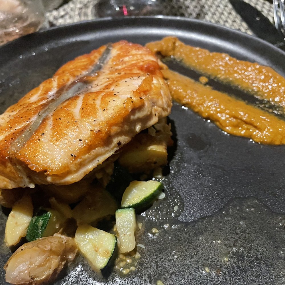 Pan fried salmon with vegetable medley and sweet potato