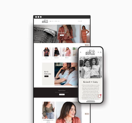 Custom Website Design & Development | K&G Mode Boutique - Kristell and Gaby, founders of K+G Mode Boutique, came to The Forward Female for help with their Shopify Website. Their current design was hard to navigate and they weren’t making a comparable amount of online sales to in-person sales. They really wanted to streamline their site’s design so their visitors had a simplified, and relaxing shopping experience to encourage them to convert from viewer to buyer.
Forward Female re-designed their logo to align better with their brand vision, and simplified the site while still keeping the chic, stylish feel. Now, the K+G website is easily navigated, making the shopper’s experience as simplified and streamlined as possible. Creating a user-friendly site is a priority at The Forward Female because the user’s experience is what truly decides how long they remain on the site. Custom Website Design & Development | K&G Mode Boutique - Kristell and Gaby, founders of K+G Mode Boutique, came to The Forward Female for help with their Shopify Website. Their current design was hard to navigate and they weren’t making a comparable amount of online sales to in-person sales. They really wanted to streamline their site’s design so their visitors had a simplified, and relaxing shopping experience to encourage them to convert from viewer to buyer.
Forward Female re-designed their logo to align better with their brand vision, and simplified the site while still keeping the chic, stylish feel. Now, the K+G website is easily navigated, making the shopper’s experience as simplified and streamlined as possible. Creating a user-friendly site is a priority at The Forward Female because the user’s experience is what truly decides how long they remain on the site.