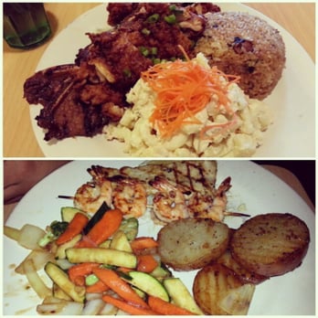 Island Style Cafe - Kalbi Ribs/Korean chicken plate with fried rice and mac salad. Seared Mahi/Shrimp plate with veggies. - Hawaiian Near Me - Santee, California Island Style Cafe - Kalbi Ribs/Korean chicken plate with fried rice and mac salad. Seared Mahi/Shrimp plate with veggies. - Hawaiian Near Me - Santee, California