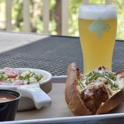Downshift Brewing - House made tender meatballs served on toasted bread with creamy mozzarella & fresh basil. Side of housemade Italian pasta salad.