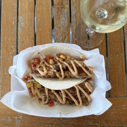 Hit The Road Jack - Mahi mahi tacos and a glass of white wine.