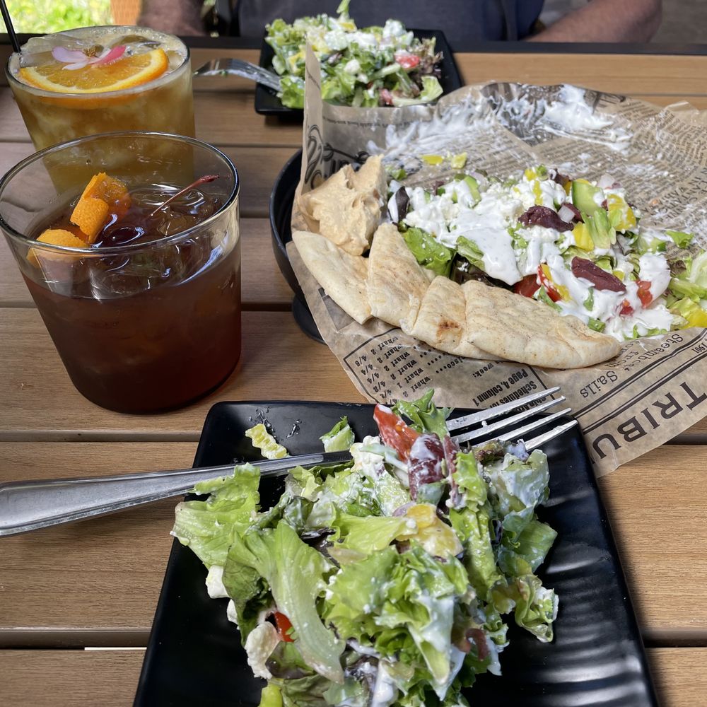 Drift - Tai'd Up, Manhattan, and Greek salad with hummus and pita, yummy! - Salad Near Me - Kalaheo, Hawaii Drift - Tai'd Up, Manhattan, and Greek salad with hummus and pita, yummy! - Salad Near Me - Kalaheo, Hawaii