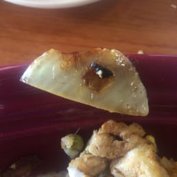 A small black hair on a piece onion that was on my plate. A small black hair on a piece onion that was on my plate.