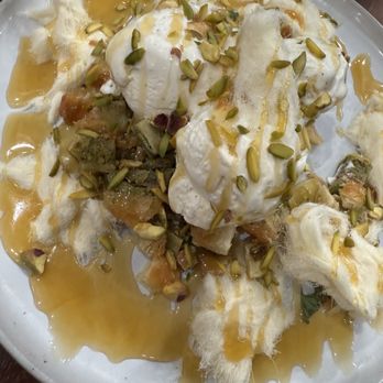 Saffron Mediterranean Grill - Baklava Dessert- vanilla bean, caramel, ice-cream, and pistachios. - Mediterranean Near Me - Long Beach, California Saffron Mediterranean Grill - Baklava Dessert- vanilla bean, caramel, ice-cream, and pistachios. - Mediterranean Near Me - Long Beach, California