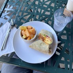 High Rise Bakery - Chorizo burrito and cup of fruit