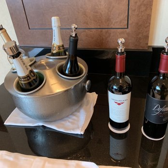 Emirates Airlines Lounge SFO - two bottles of wine in ice bucket - Airport Lounges Near Me - San Francisco, California Emirates Airlines Lounge SFO - two bottles of wine in ice bucket - Airport Lounges Near Me - San Francisco, California