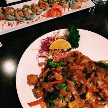 SriThai  Thai Kitchen & Sushi Bar - Duluth - Pad see ew with tofu / shrimp tempura roll (I don't remember). You can choose what type of meat you want with the pad see ew. - Japanese Near Me - Duluth, Georgia