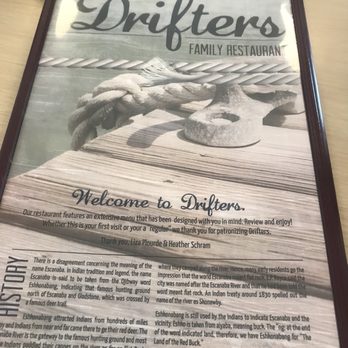 Drifter's Restaurant - Front of menu along with restaurant history - American Near Me - Escanaba, Michigan Drifter's Restaurant - Front of menu along with restaurant history - American Near Me - Escanaba, Michigan