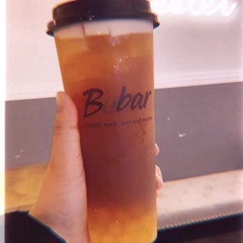 Bobar - Passion Fruit & Carolina Sweet Peach Tea w/ Passionfruit Popping Boba ($5.65) - Bubble Tea Near Me - Elk Grove Village, Illinois