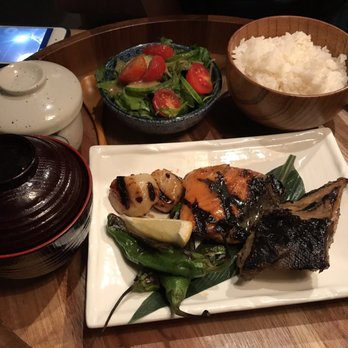 Robata Wasa - Yuzu Miso Trio comes on a giant tray with rice, salad, savory egg custard, and miso soup - Sushi Bars Near Me - Irvine, California Robata Wasa - Yuzu Miso Trio comes on a giant tray with rice, salad, savory egg custard, and miso soup - Sushi Bars Near Me - Irvine, California