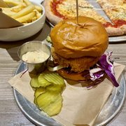 Photo of Mohawk Bend - Los Angeles, CA, United States. Buttermilk Fried Chicken Sandwich, Classic Cheese Pizza, Fries