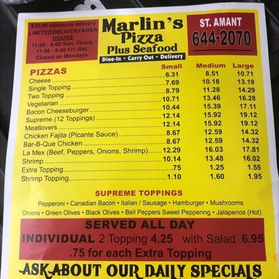 Menu photo 1 Marlin's Pizza Plus St. Amant, LA Menu photo 1 Marlin's Pizza Plus St. Amant, LA